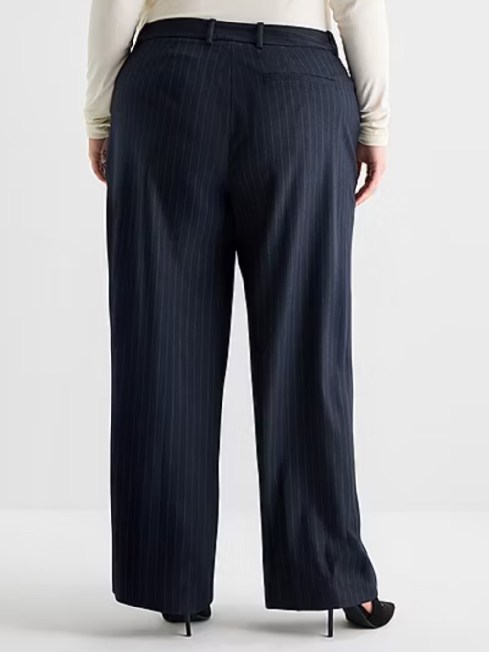 Ashley Graham Women Plus Sz 14W Navy Pin Stripe Mid-Rise Wide Leg Trouser NWT - Picture 3 of 14